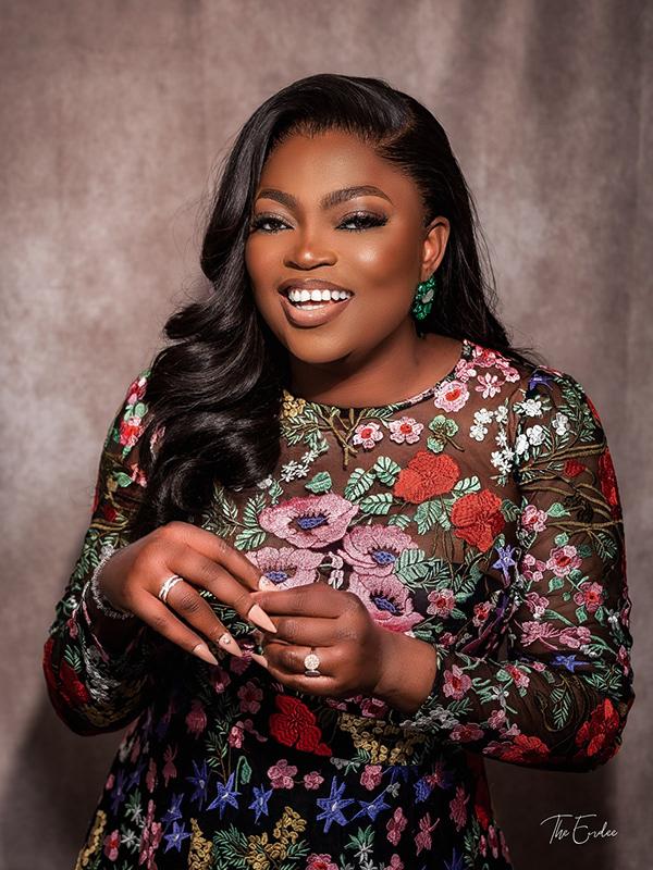 Funke Akindele in Black Sheer Floral Embroidered Dress & Emerald Earrings | OutfitLibrary.com