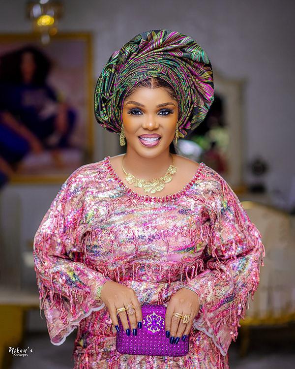 Iyabo Ojo Glows in Multicolour Gele & Pink Sequin Aso Ebi Buba | OutfitLibrary.com