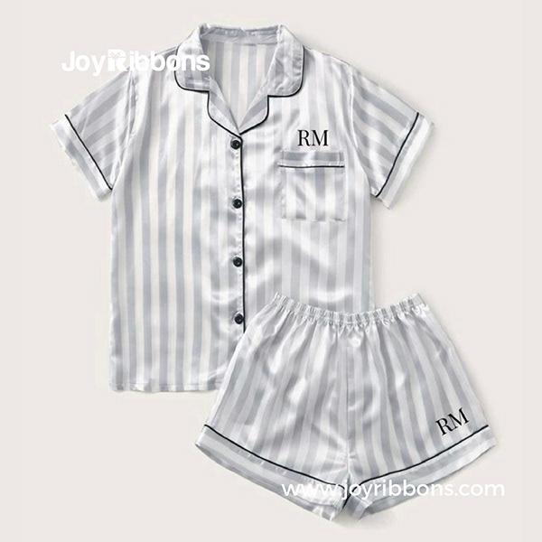 Grey Stripe Monogram Satin Short Pyjamas