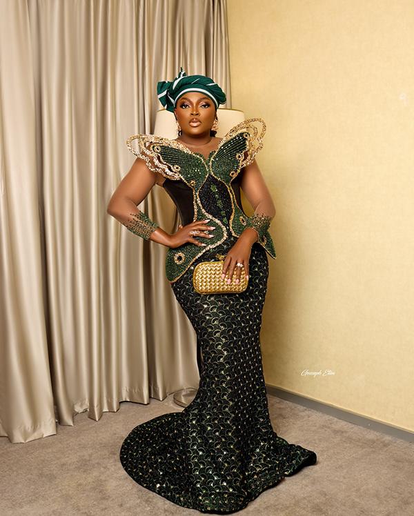 Funke Akindele Stuns in Green & Gold Butterfly Aso Ebi with Dramatic Gele | OutfitLibrary.com