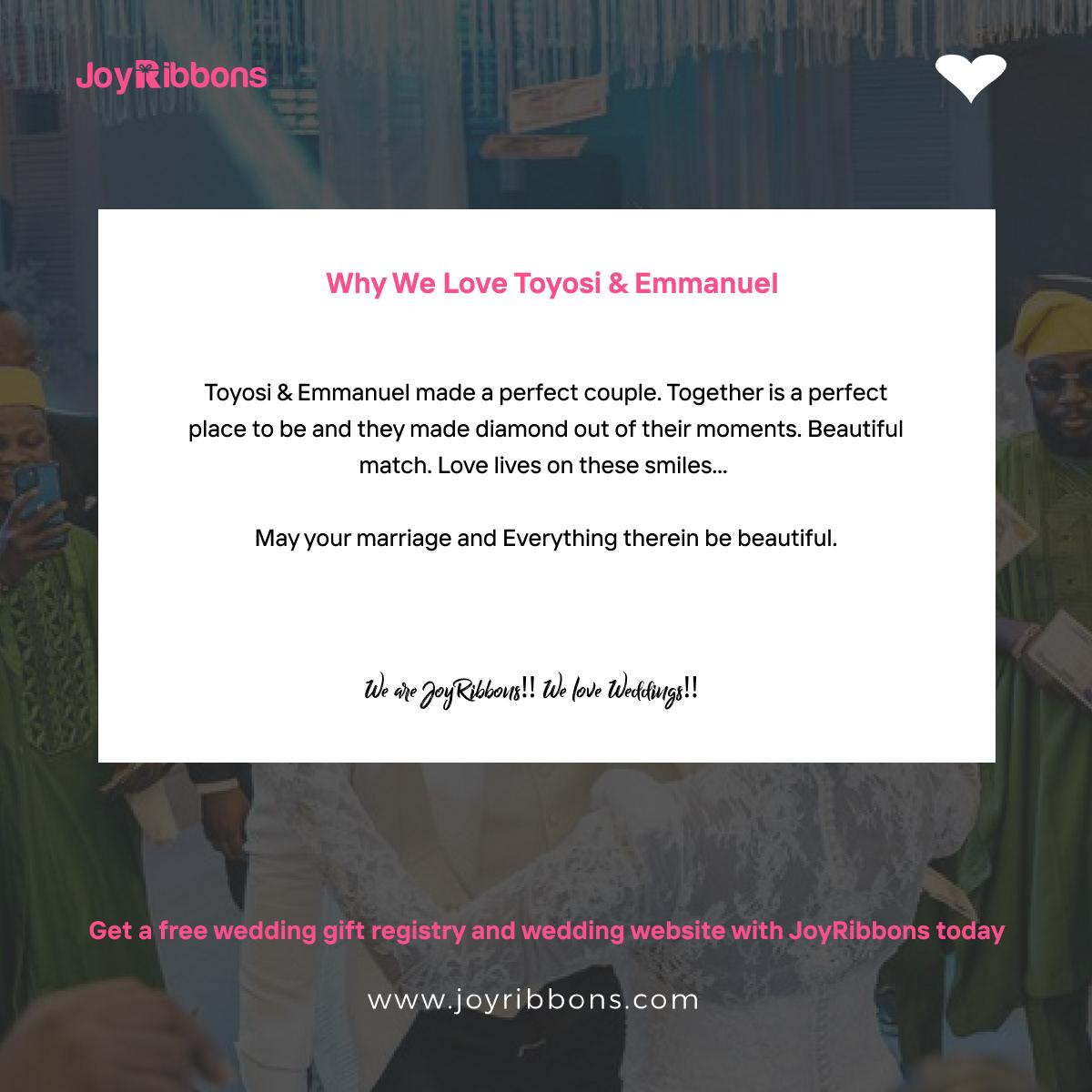 JoyRibbons is top gift registry site in Nigeria. Couples getting married in Nigeria today can receive gift on their wishlist, see RSVP and share their wedding information with their loved ones using JoyRibbons. We are the company that will do everything and anything for love