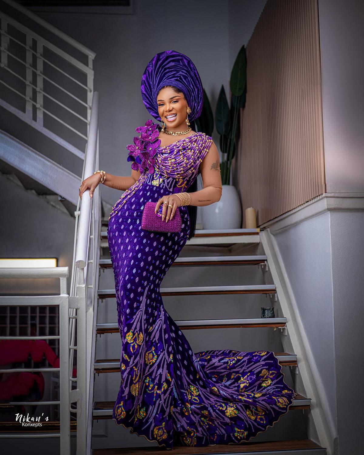 Iyabo Ojo Stuns in Purple Beaded Mermaid Aso Ebi Gown with Dramatic Gele | OutfitLibrary.com