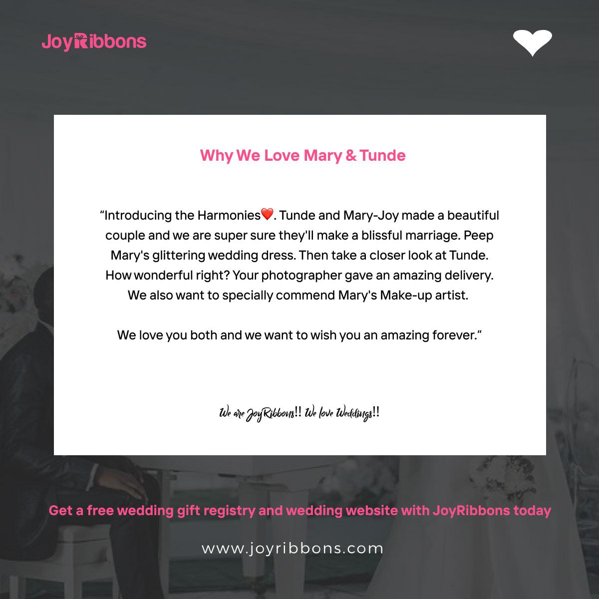 JoyRibbons is top gift registry site in Nigeria. Couples getting married in Nigeria today can receive gift on their wishlist, see RSVP and share their wedding information with their loved ones using JoyRibbons. We are the company that will do everything and anything for love