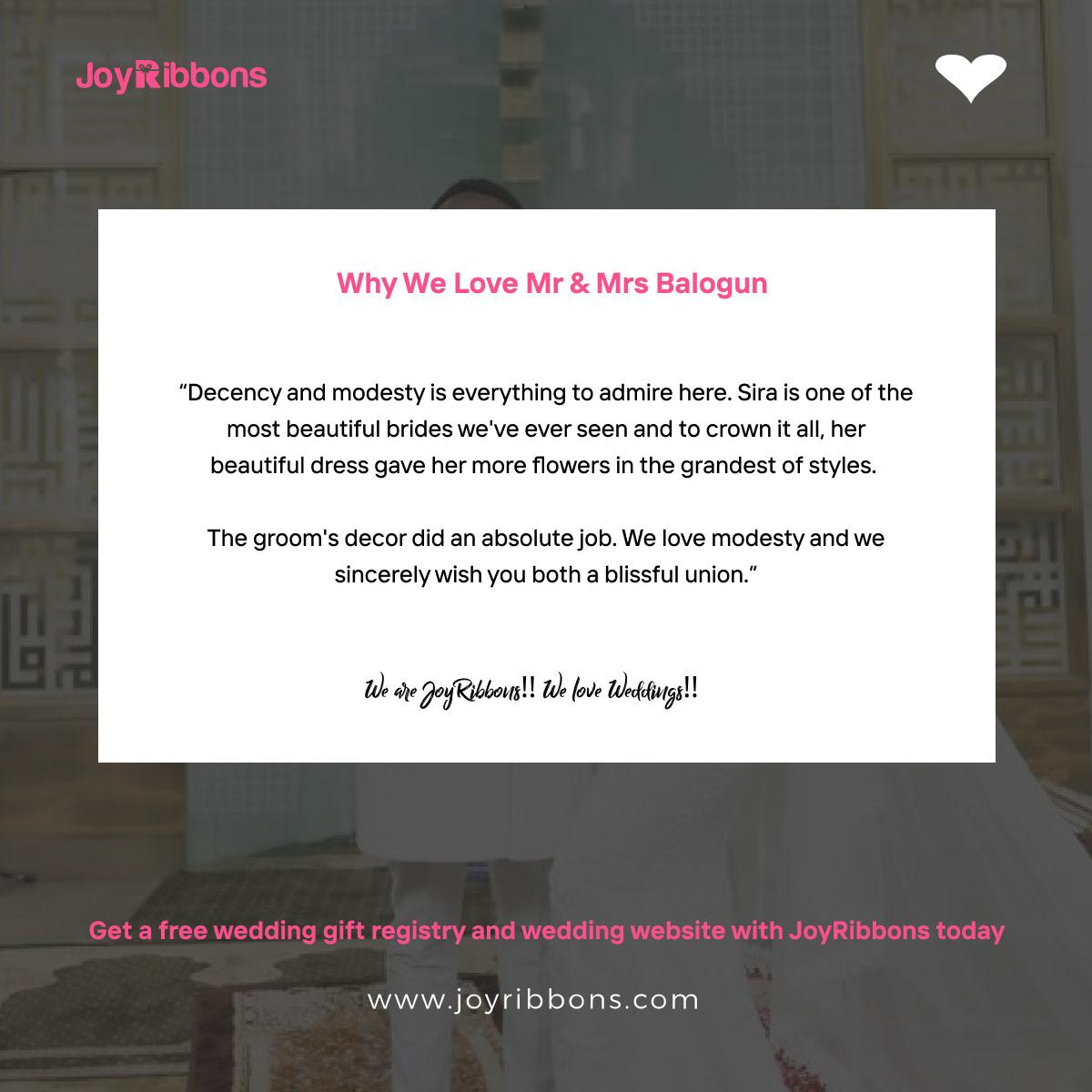 JoyRibbons is top gift registry site in Nigeria. Couples getting married in Nigeria today can receive gift on their wishlist, see RSVP and share their wedding information with their loved ones using JoyRibbons. We are the company that will do everything and anything for love