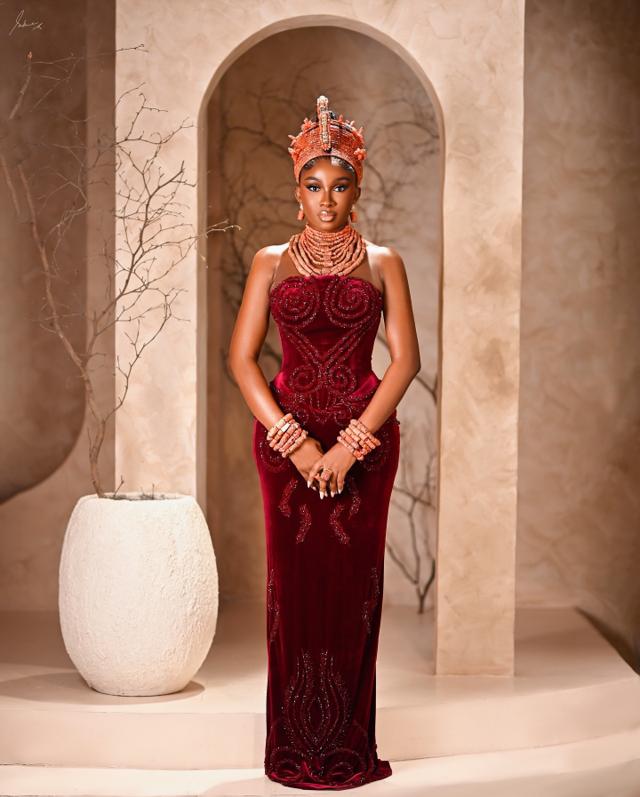 Edo Bridal Royalty: Oxblood Velvet Column Gown with Beaded Spirals |OutfitLibrary