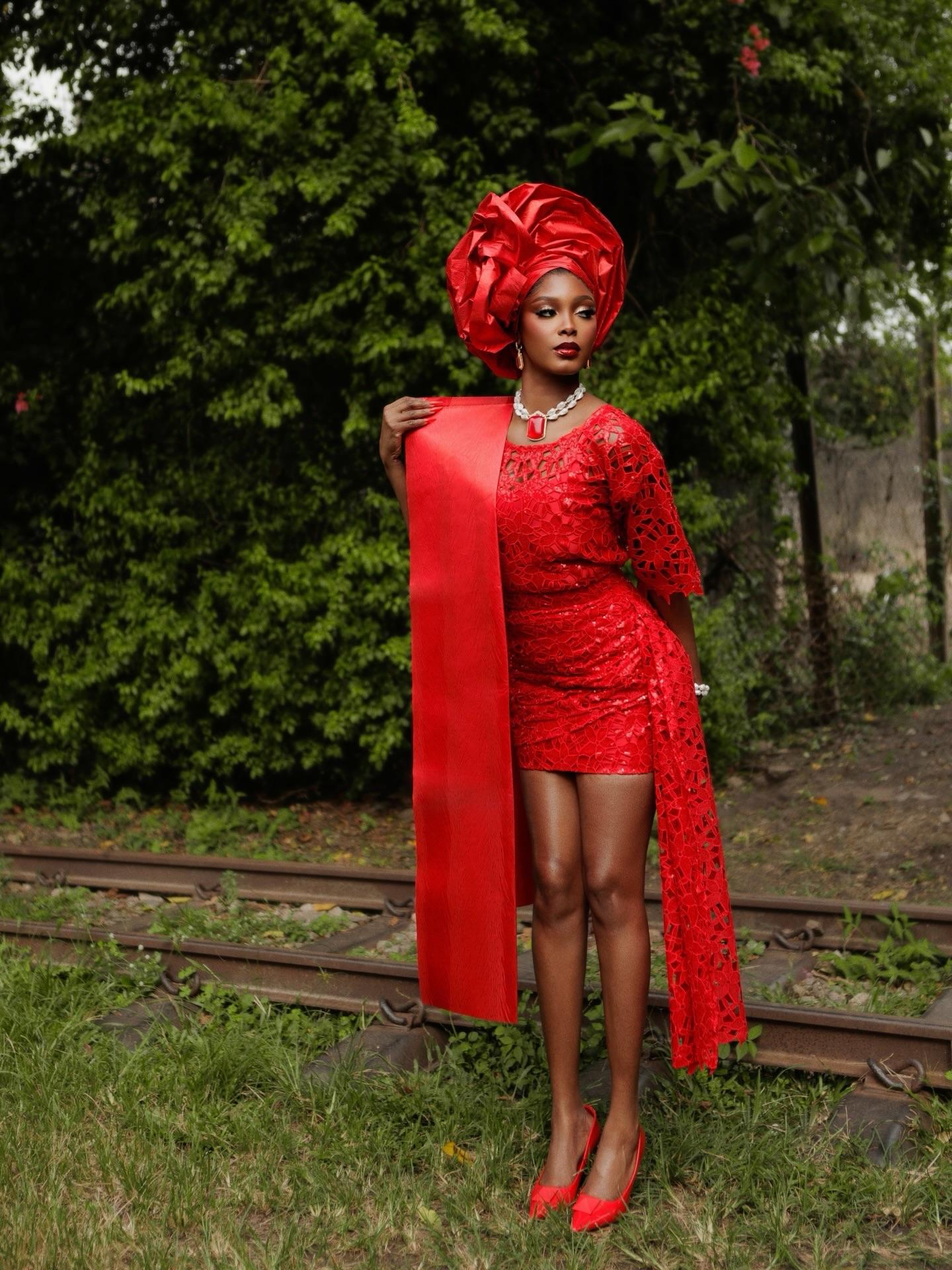 Crimson Red Guipure Lace Mini with Geometric Cut-outs & Side Train | OutfitLibrary