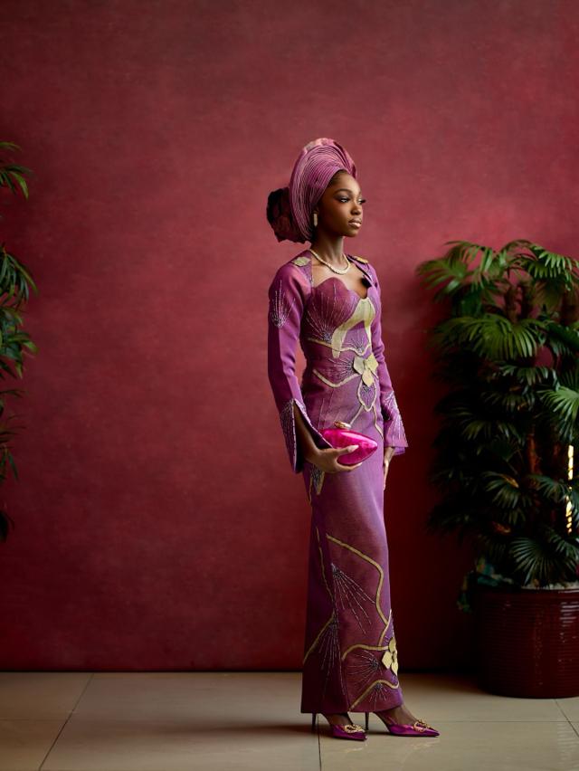 Amethyst Purple Aso Oke with Gold Sunburst Embroidery & 3D Florals |OutfitLibrary