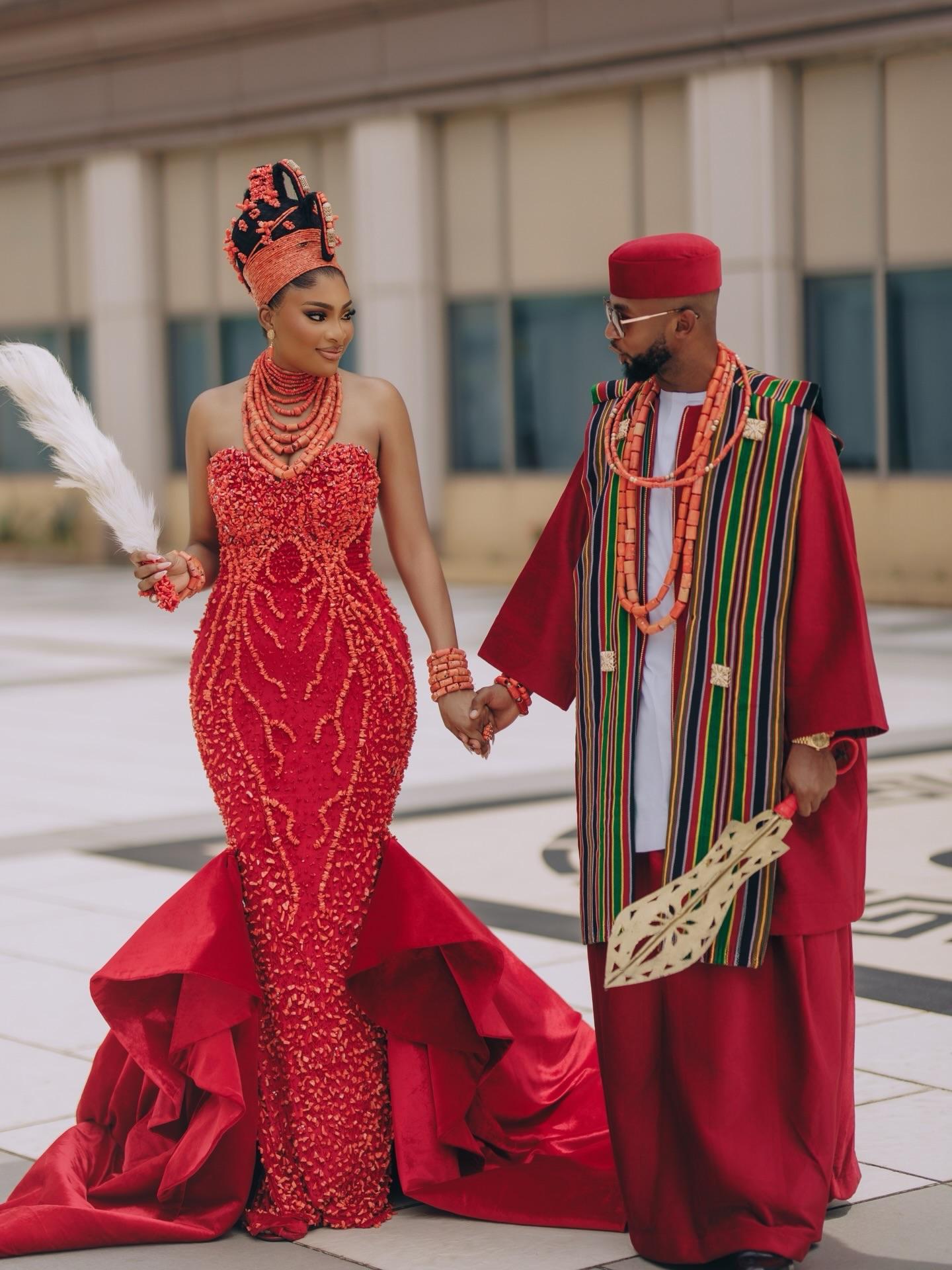 Scarlet Red Edo Bridal Maximalism: 3D Beaded Gown & Sculptural Mermaid Train |OutfitLibrary