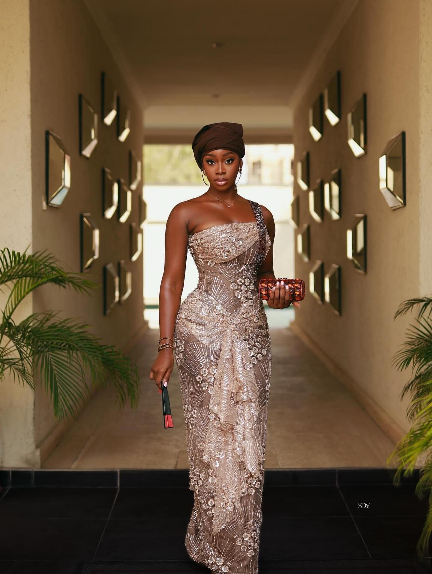 Champagne Gold Sunburst Lace Asoebi with Frontal Drapery & Chocolate Gele |OutfitLibrary