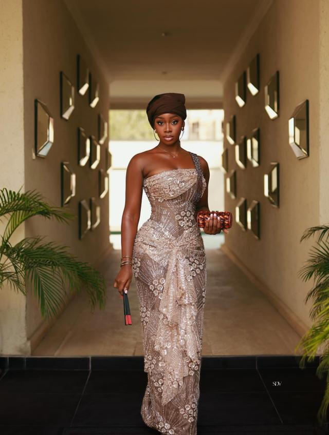 Champagne Gold Sunburst Lace Asoebi with Frontal Drapery & Chocolate Gele |OutfitLibrary