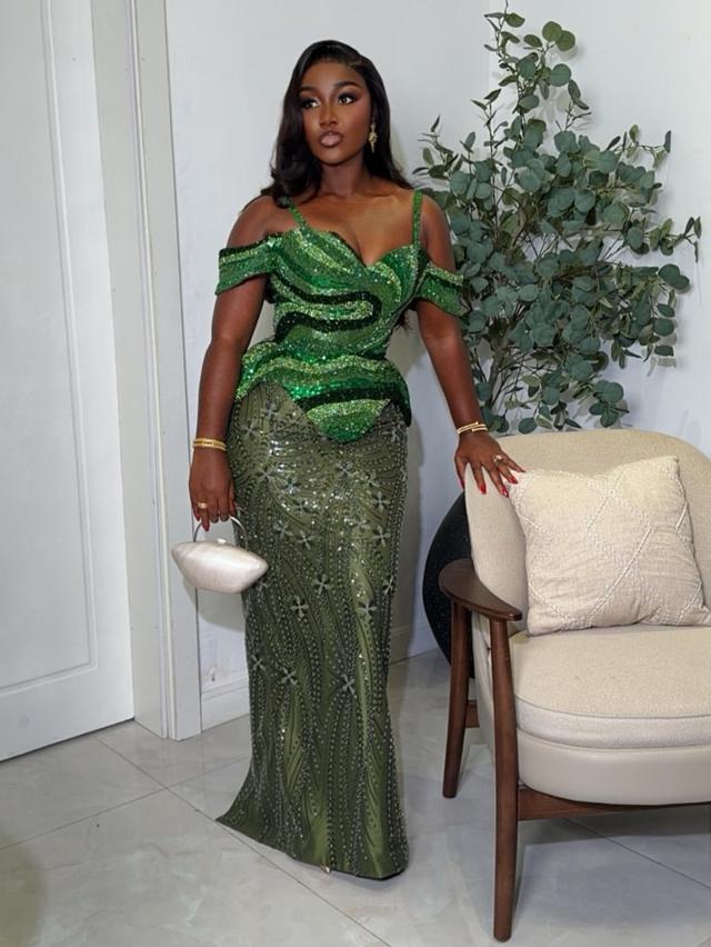 Emerald Serpentine Sequin Gown with Wave-Patterned Bodice | OutfitLibrary