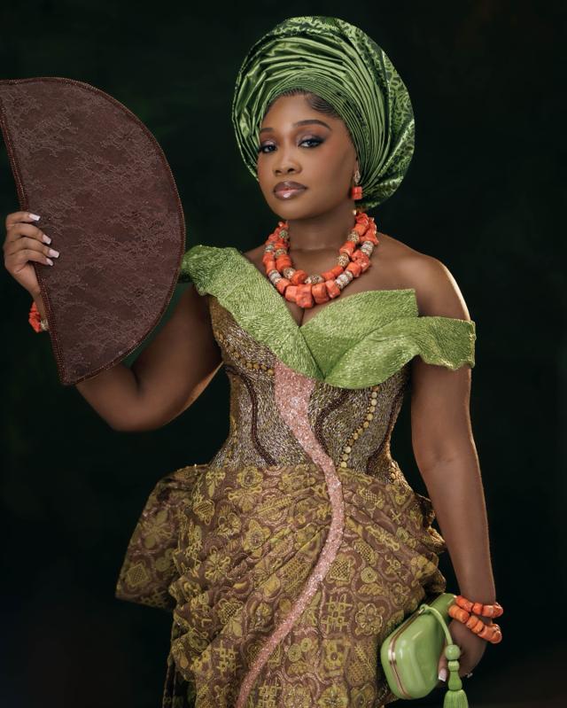 Moss Green & Bronze Jacquard Asoebi with Lime Silk Asymmetric Neckline |OutfitLibrary