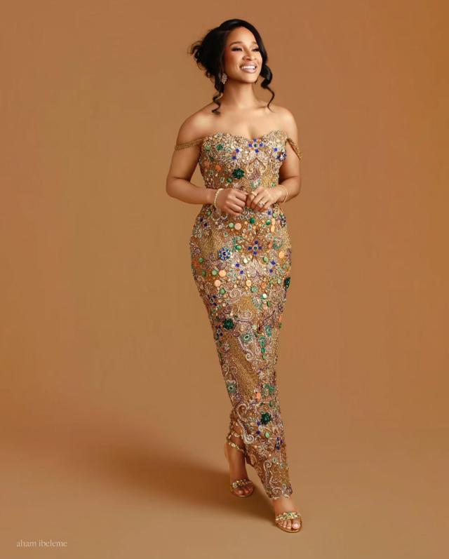Gilded Champagne Gold Gown with Polychromatic Jewel Embellishments |OutfitLibrary