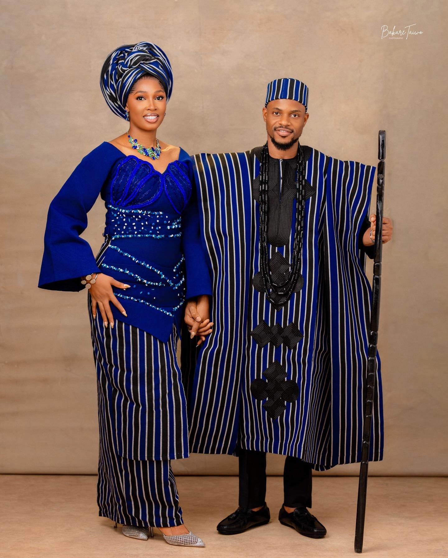 Royal Blue Pinstripe Aso Oke: Sculptural Leaf Bodice & Classic Agbada |OutfitLibrary