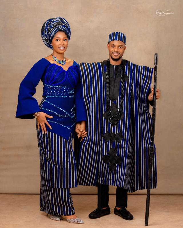 Royal Blue Pinstripe Aso Oke: Sculptural Leaf Bodice & Classic Agbada |OutfitLibrary