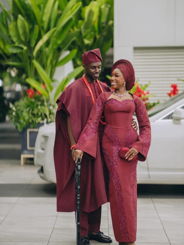 Oxblood Elegance: Curvilinear Beaded Gown & Coordinated Agbada | OutfitLibrary