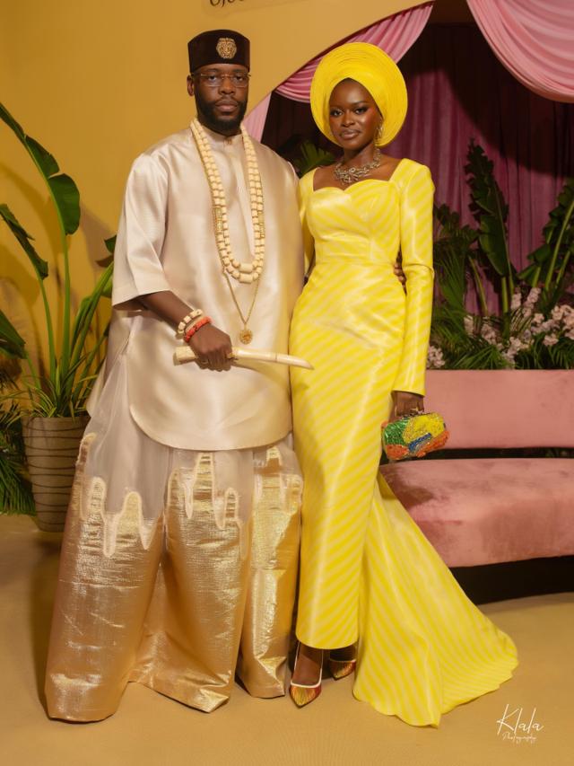 Citrus Yellow Radiance: Diagonal Pinstripe Gown & Architectural Gold Tunic |OutfitLibrary