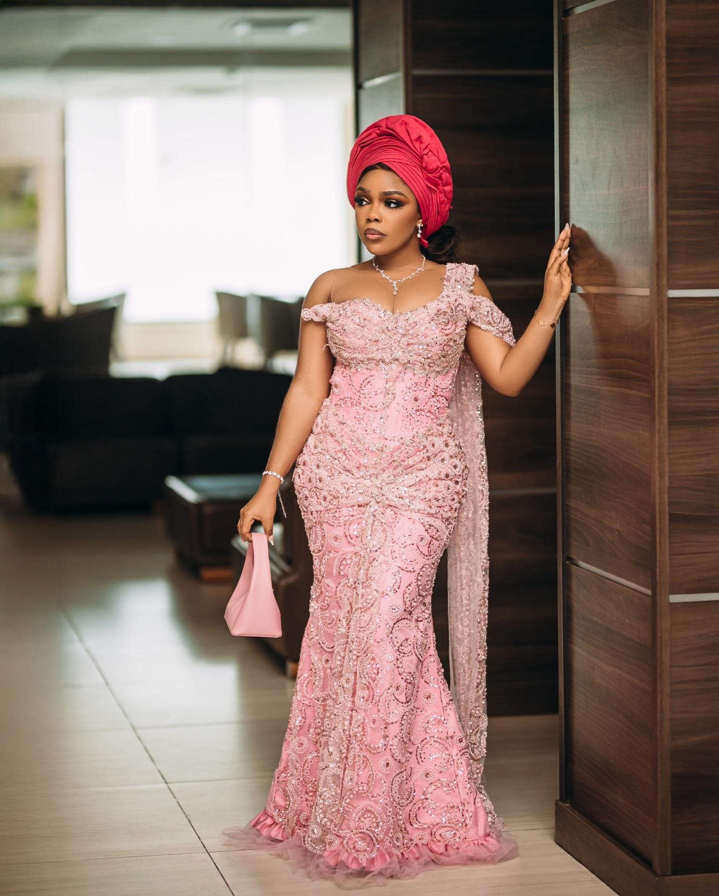 Rose-Gold Swirl Pink Asoebi: Asymmetric Draped Mermaid Gown | OutfitLibrary