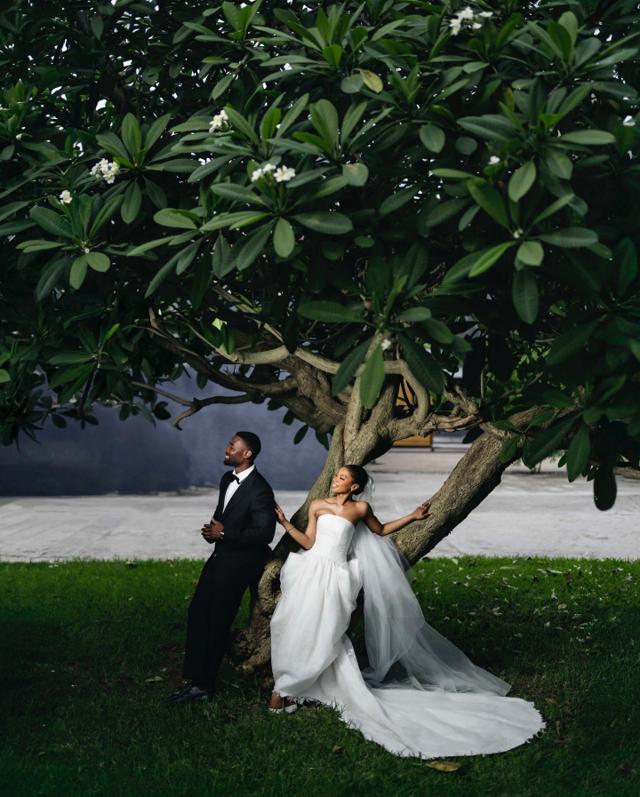 Cinematic Minimalism: Sculptural Strapless White Gown & Classic Tuxedo |OutfitLibrary