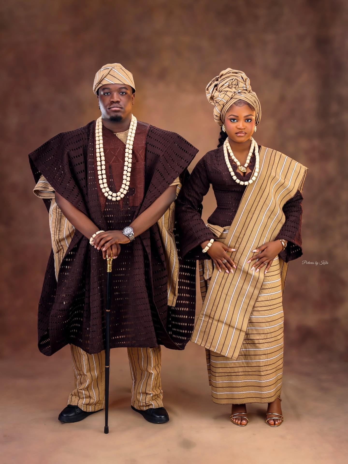 Traditional Aso Oke in Chocolate & Almond with Ivory Beadwork | OutfitLibrary