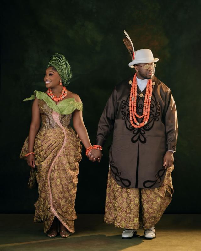 Cultural Sovereignty: Kalabari-Inspired Traditional Couple in Gold, Green & Cocoa |OutfitLibrary