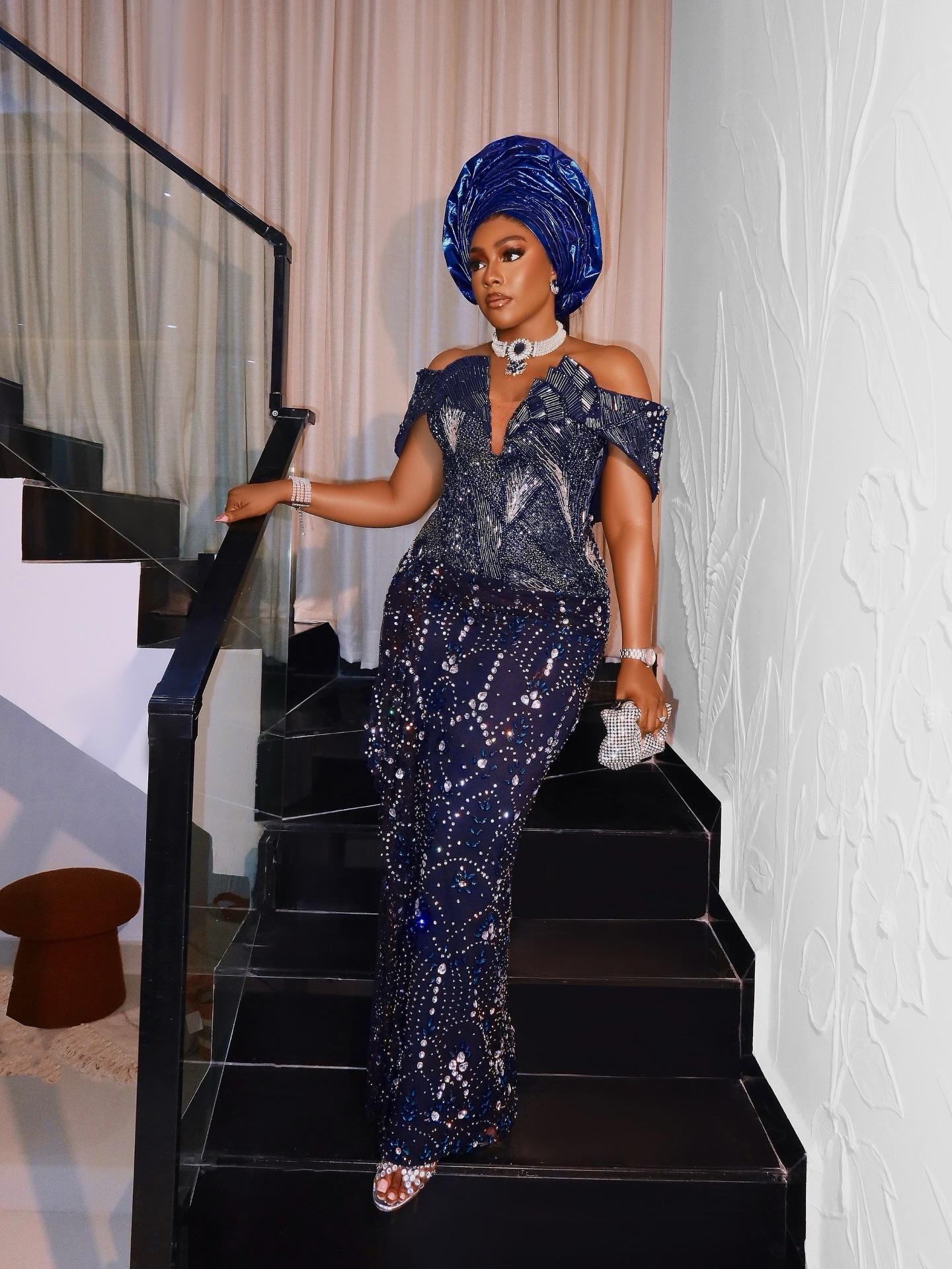 Celestial Glamour: Midnight Blue Starburst Gown with Electric Gele | OutfitLibrary