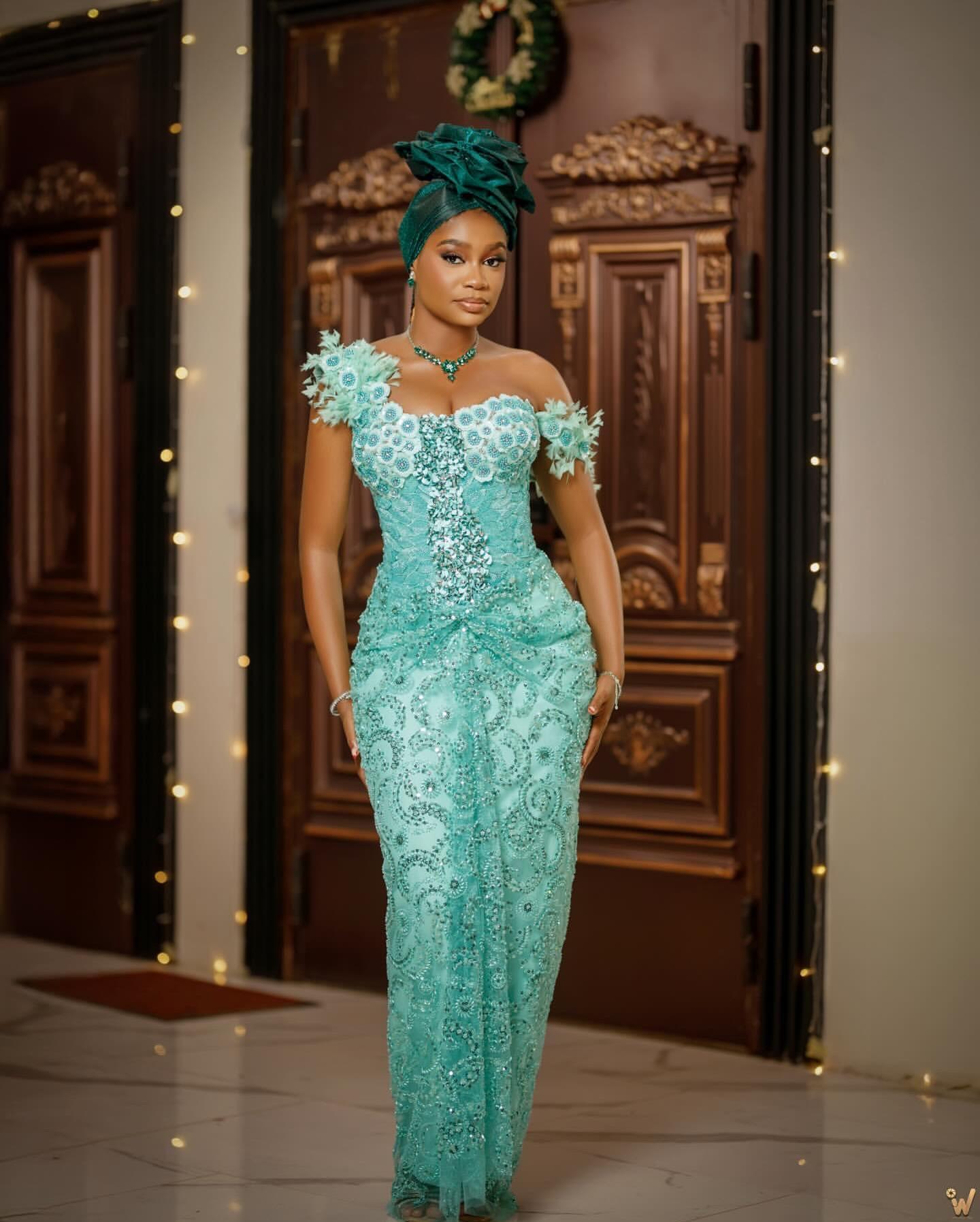 Mint Refresh: Corded Lace Gown with 3D Floral Appliqué & Forest Green Gele |OutfitLibrary
