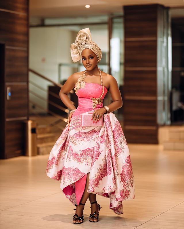 Floral Fusion: Fuchsia & Champagne Brocade High-Low Gown | OutfitLibrary