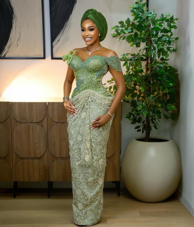 Botanical Sophistication: Sage Beaded Gown with Moss Gele | OutfitLibrary