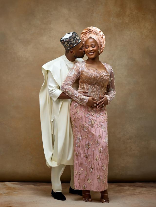 Champagne Romance: Blush Leaf-Embroidered Gown & Cream Agbada |OutfitLibrary
