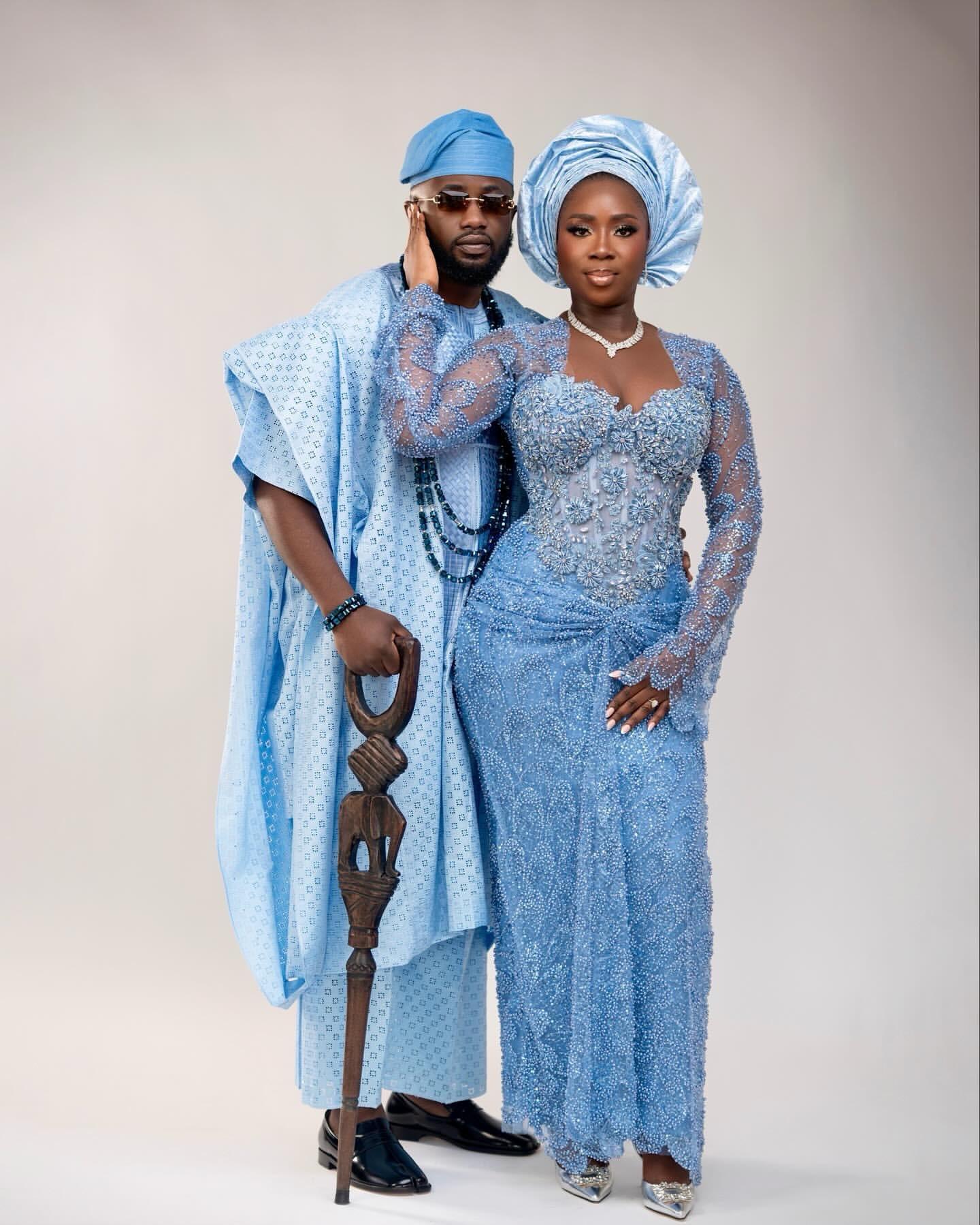 Serene Azure: Powder Blue Beaded Gown & Geometric Eyelet Agbada |OutfitLibrary