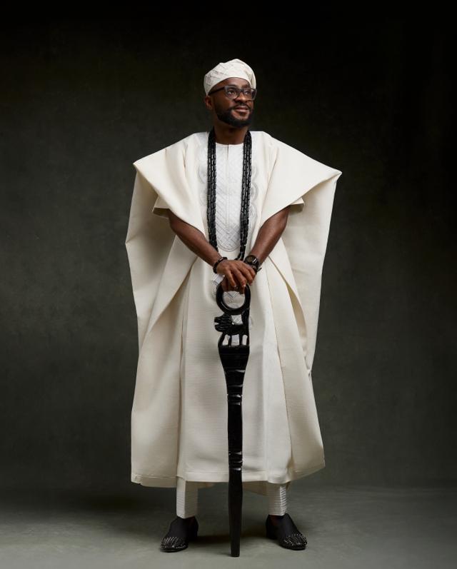 Ivory Authority: Architectural Agbada with Carved Lion Staff | OutfitLibrary