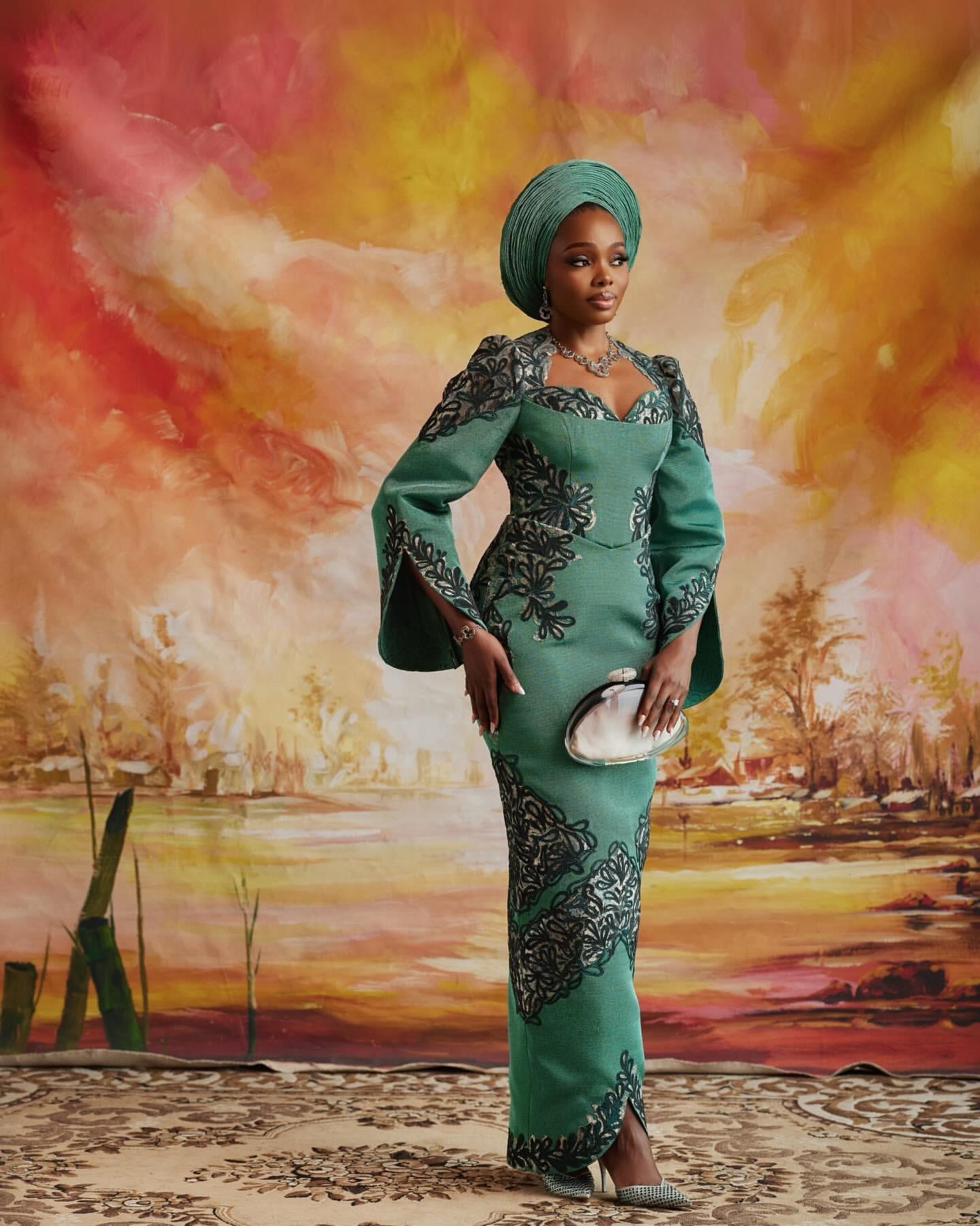 Emerald Structuralist: Bell-Sleeve Lace Gown & Tonal Gele | OutfitLibrary