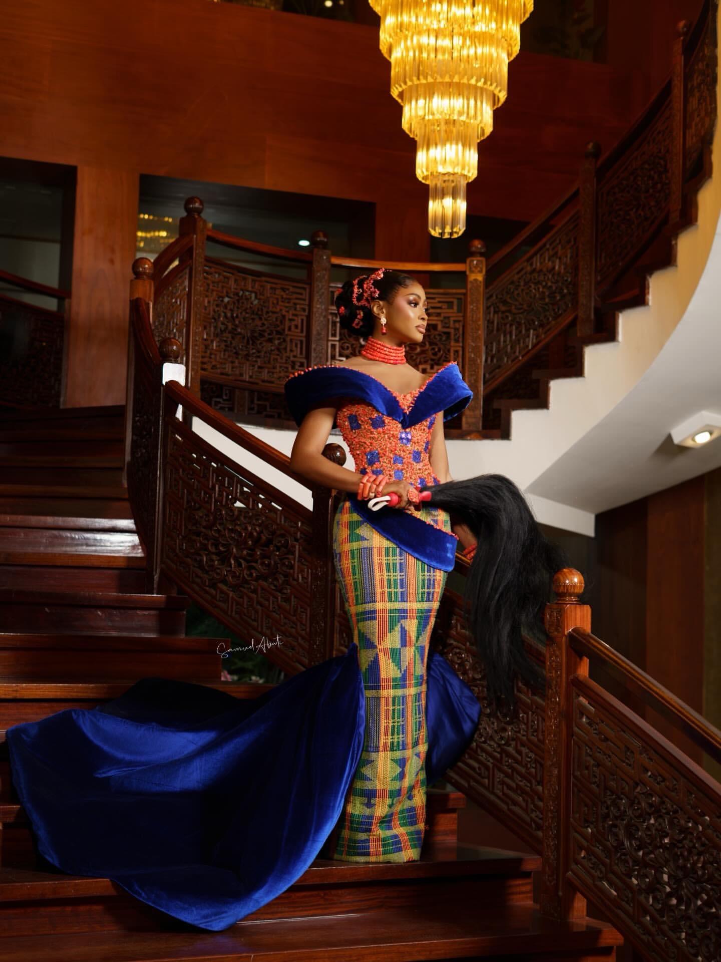 Kente Heritage Gown with Royal Blue Velvet Train & Beaded Corset | OutfitLibrary