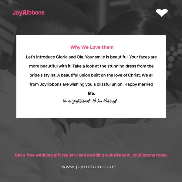 JoyRibbons is top gift registry site in Nigeria. Couples getting married in Nigeria today can receive gift on their wishlist, see RSVP and share their wedding information with their loved ones using JoyRibbons. We are the company that will do everything and anything for love
