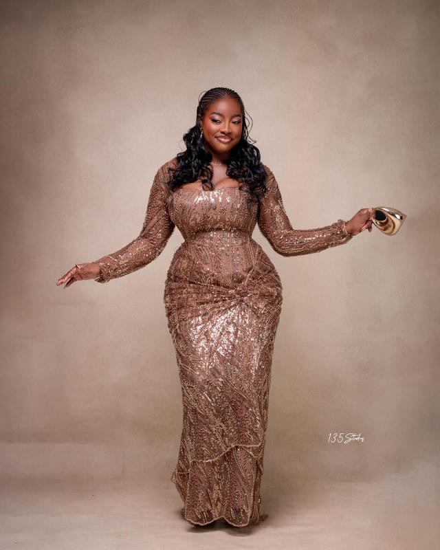 Champagne Rose Gold Sequin Asoebi with Square Neck Corset & Gold Metallic Clutch | OutfitLibrary