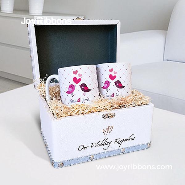 Our Wedding Keepsake Box With Personalised Love Birds Mugs