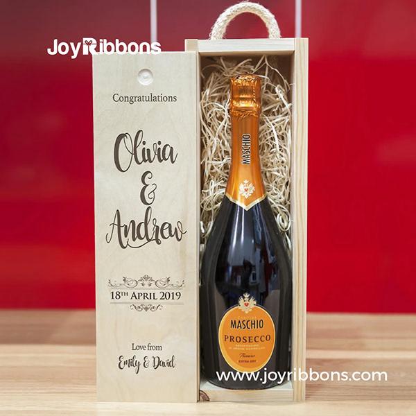 Personalised Wooden Wine Box with Woolwool filling and Rope carry handle. 'Congratulations'